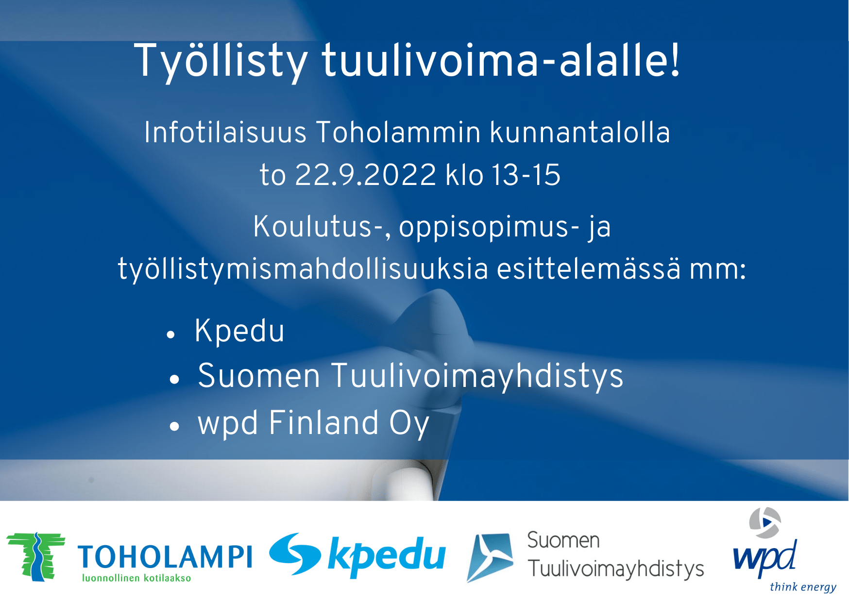 Read more about the article Työllisty Tuulivoima-alalle -infotilaiuus 22.9. klo 13-15